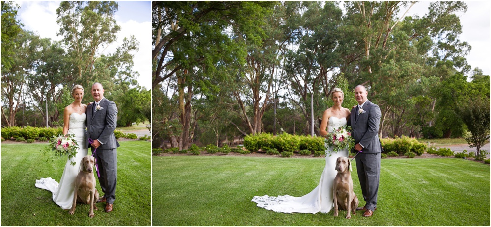 Bride and groom pose with their dog at Mandoon Estate