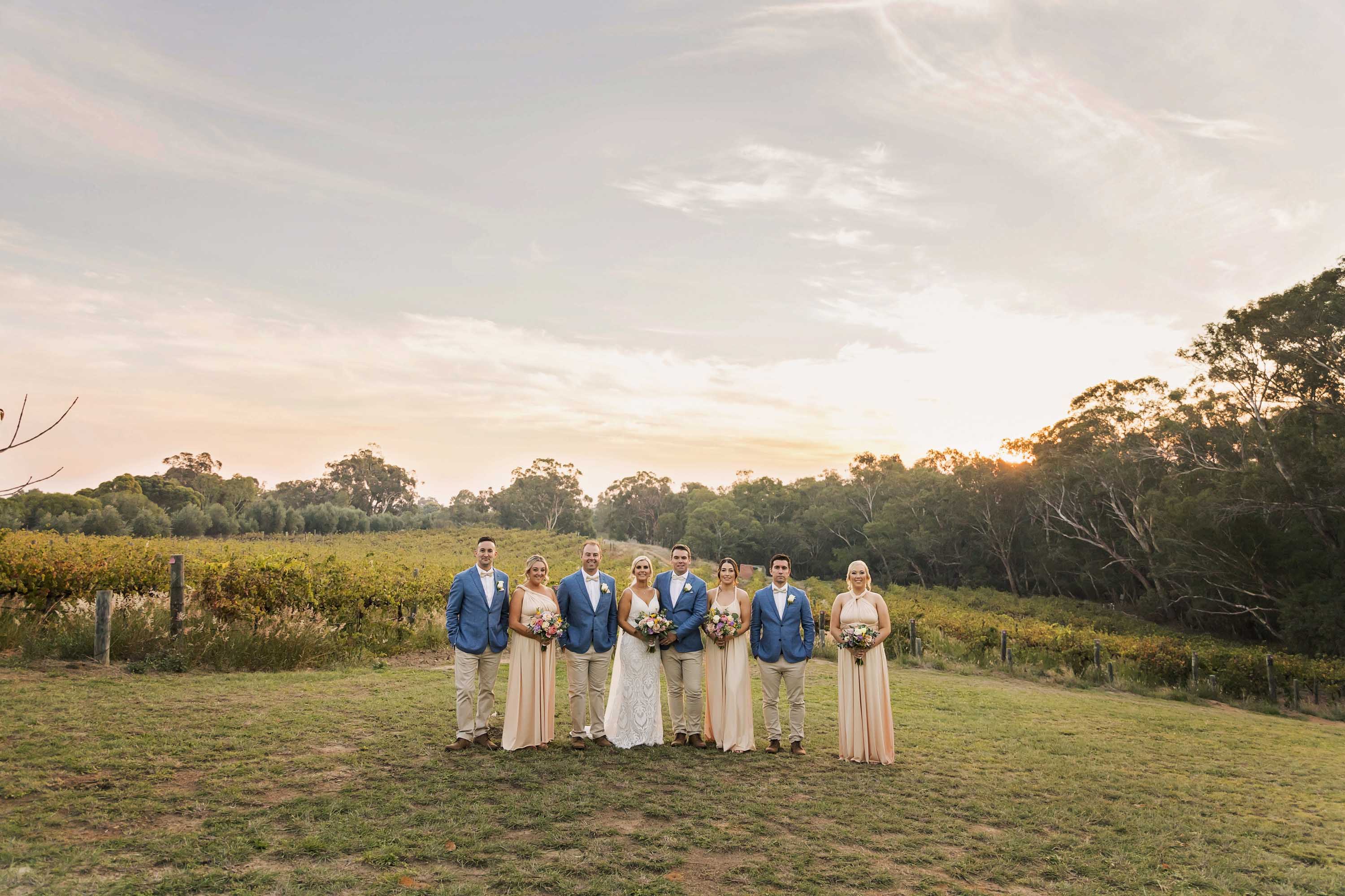 Bridal party sunset at Carilley Estate in Swan Valley